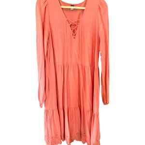 OLD NAVY MIDI TIERED EYELET LACEUP NECKLINE LONG SLEEVE ORANGE DRESS SIZE L TALL